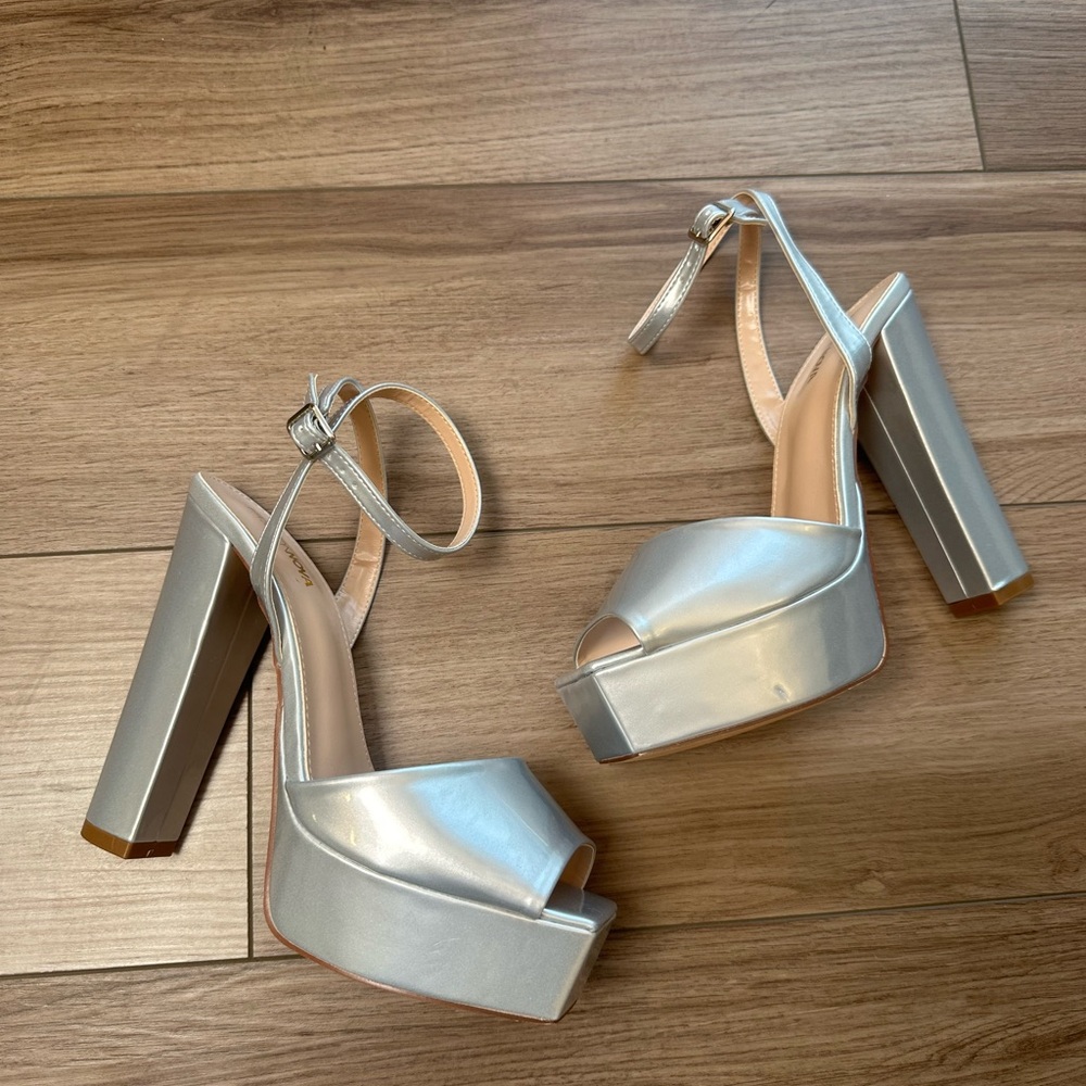 Fashion Nova Silver Platform Block Heel Sandals with Ankle Strap - Picture 6 of 11